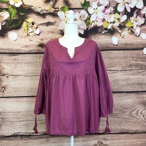 Women’s Cotton Solid Abstract Embroidered Tie Sleeve Blouse Top Plus XXXL